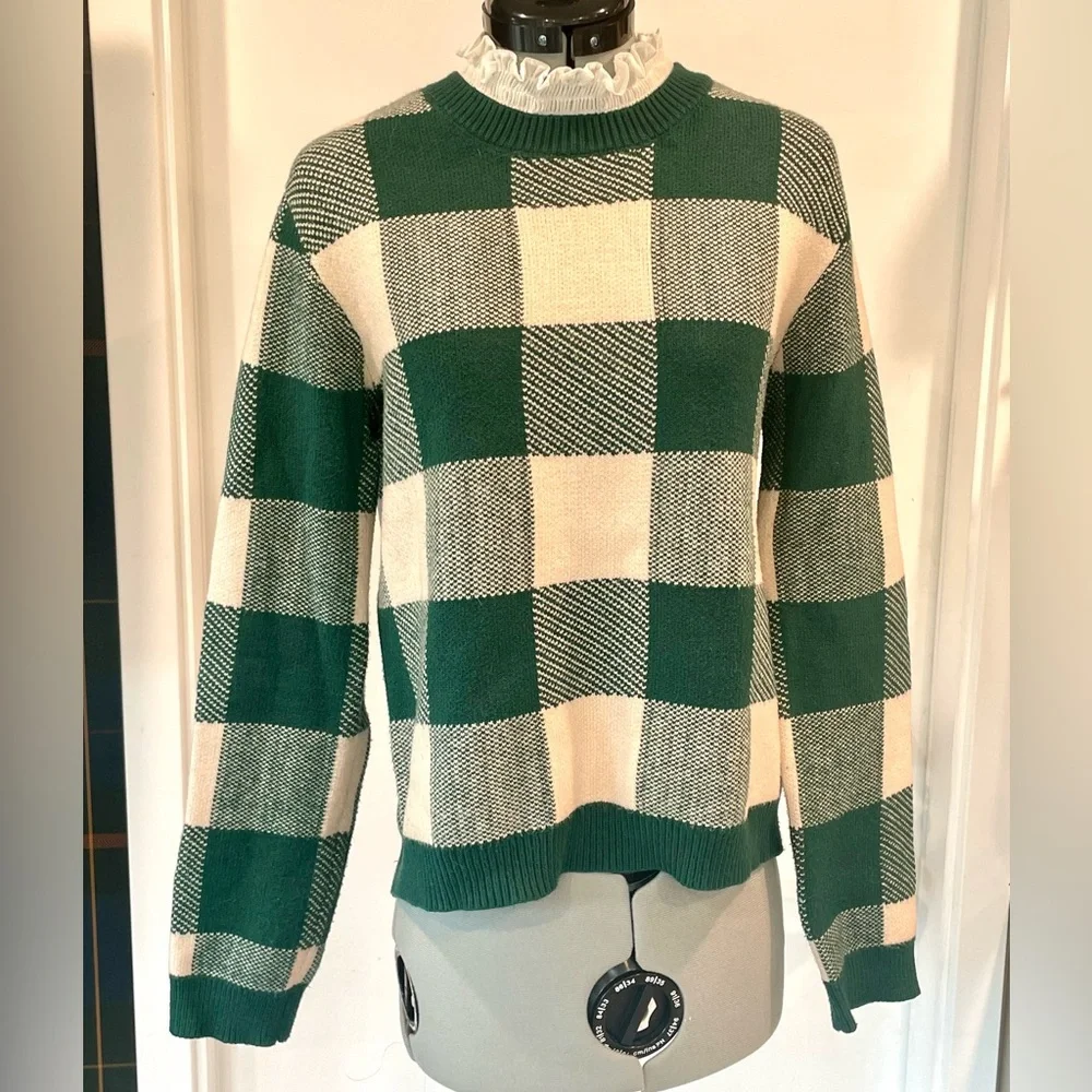 Anthropologie Buffalo Plaid Sweater, built in ruffle collar, S, like new - Picture 2 of 9